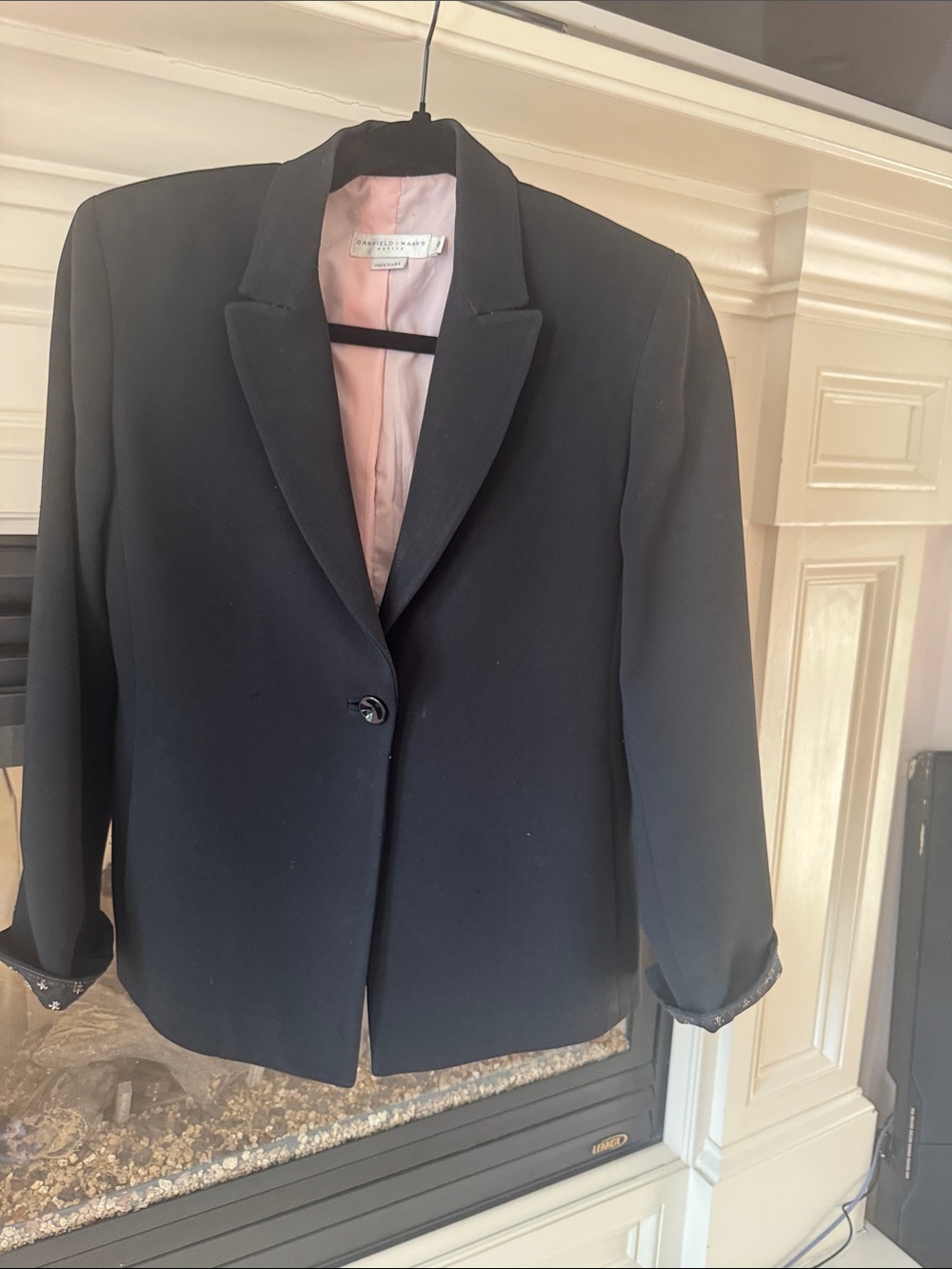 St. John Black Blazer with Pink Lining and Printed Cuff Trim